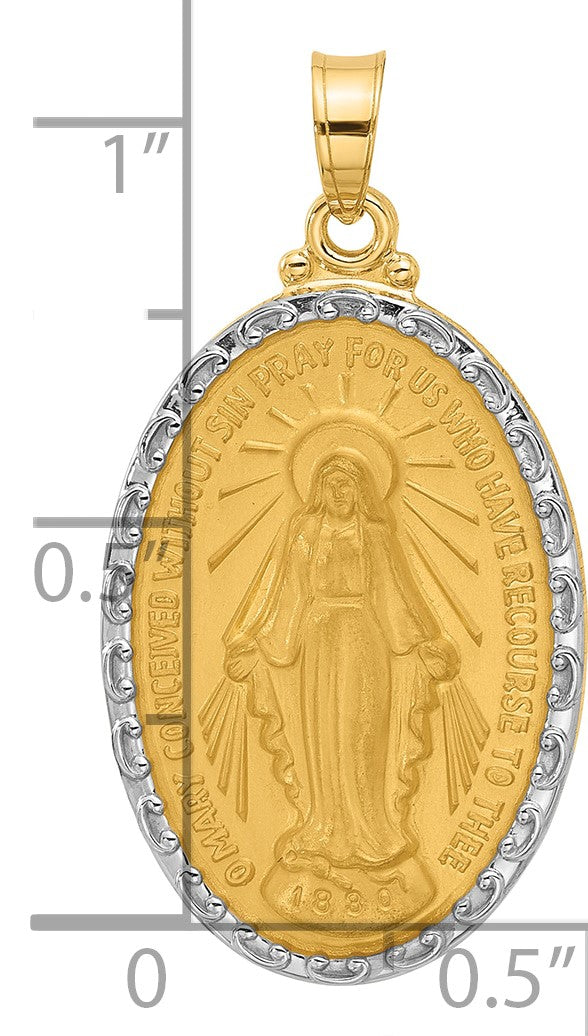 14K and White Rhodium Polished and Satin Solid Miraculous Medal Oval Pendant