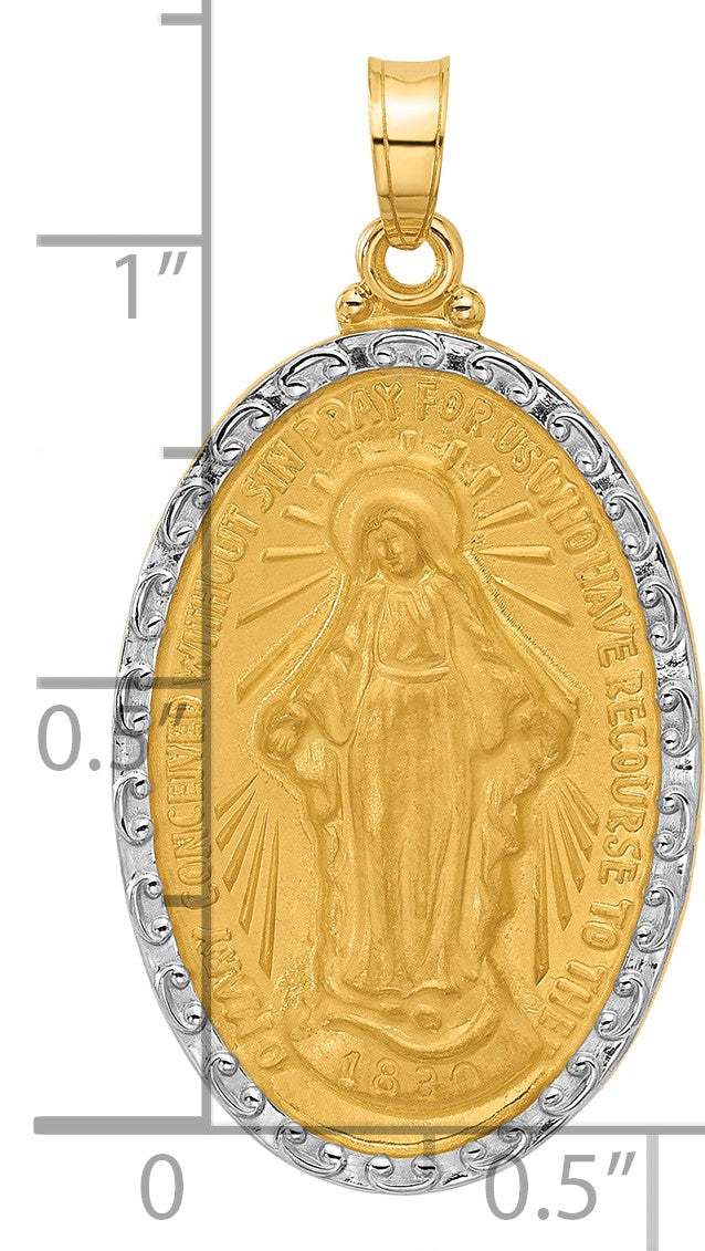 14K and White Rhodium Polished and Satin Solid Miraculous Medal Oval Pendant