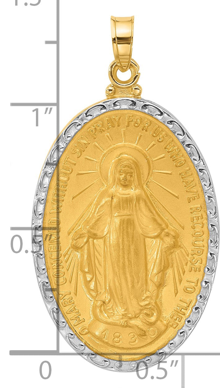 14K and White Rhodium Polished and Satin Solid Miraculous Medal Oval Pendant