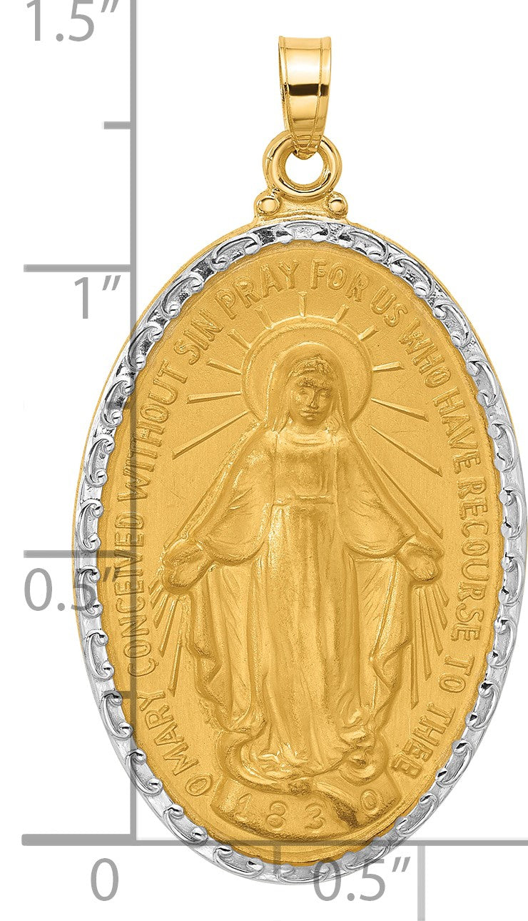 14K and White Rhodium Polished and Satin Solid Miraculous Medal Oval Pendant