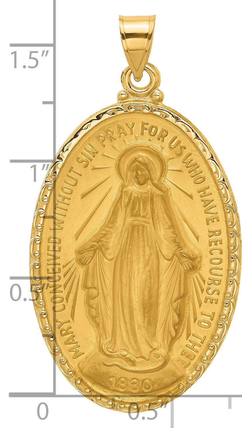 14k Polished and Satin Solid Large Miraculous Medal Oval Pendant