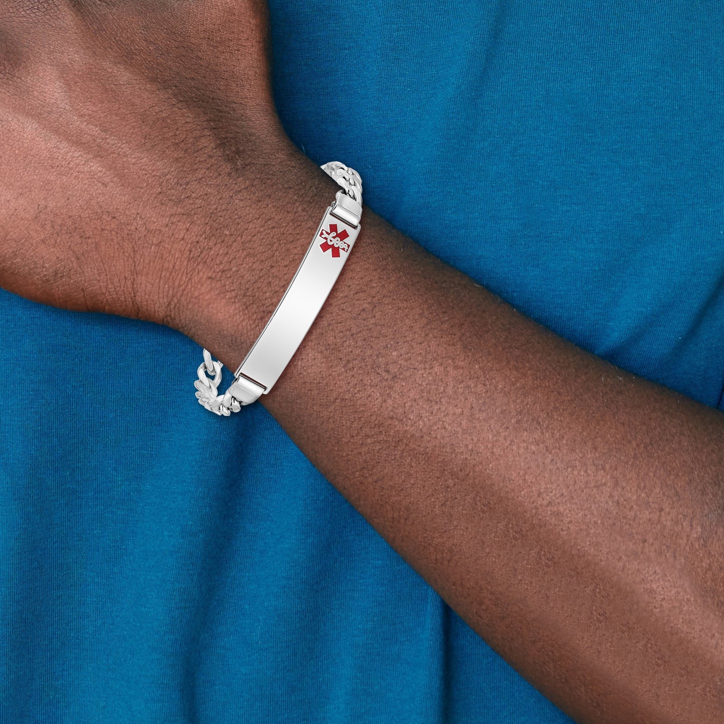Sterling Silver Rhodium-plated Curb Link Off-Center Red Enamel 43x9mm Plate 8 inch Medical ID Bracelet