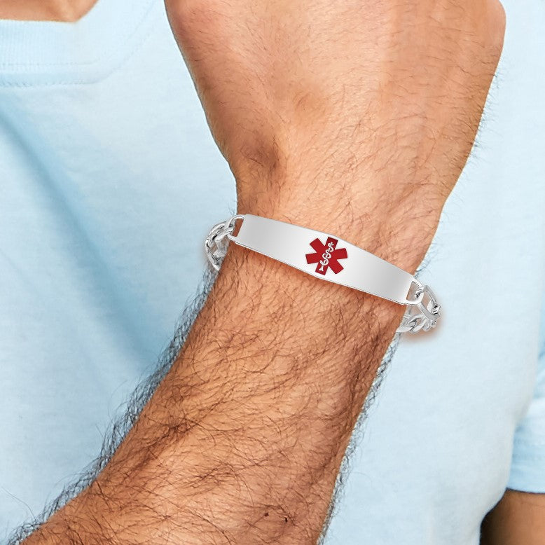 Sterling Silver Rhodium-plated Figaro Link Centered Red Enamel 47x13mm Plate 7 inch Medical ID Bracelet