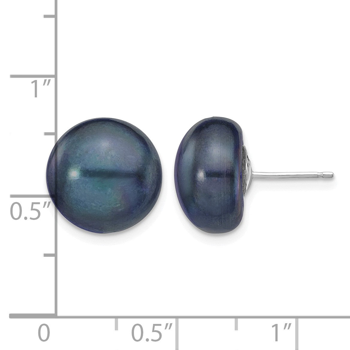 14k White Gold 12-13mm Black Button Freshwater Cultured Pearl Stud Post Earrings