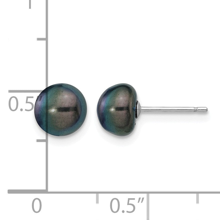 14k White Gold 7-8mm Black Button Freshwater Cultured Pearl Stud Post Earrings