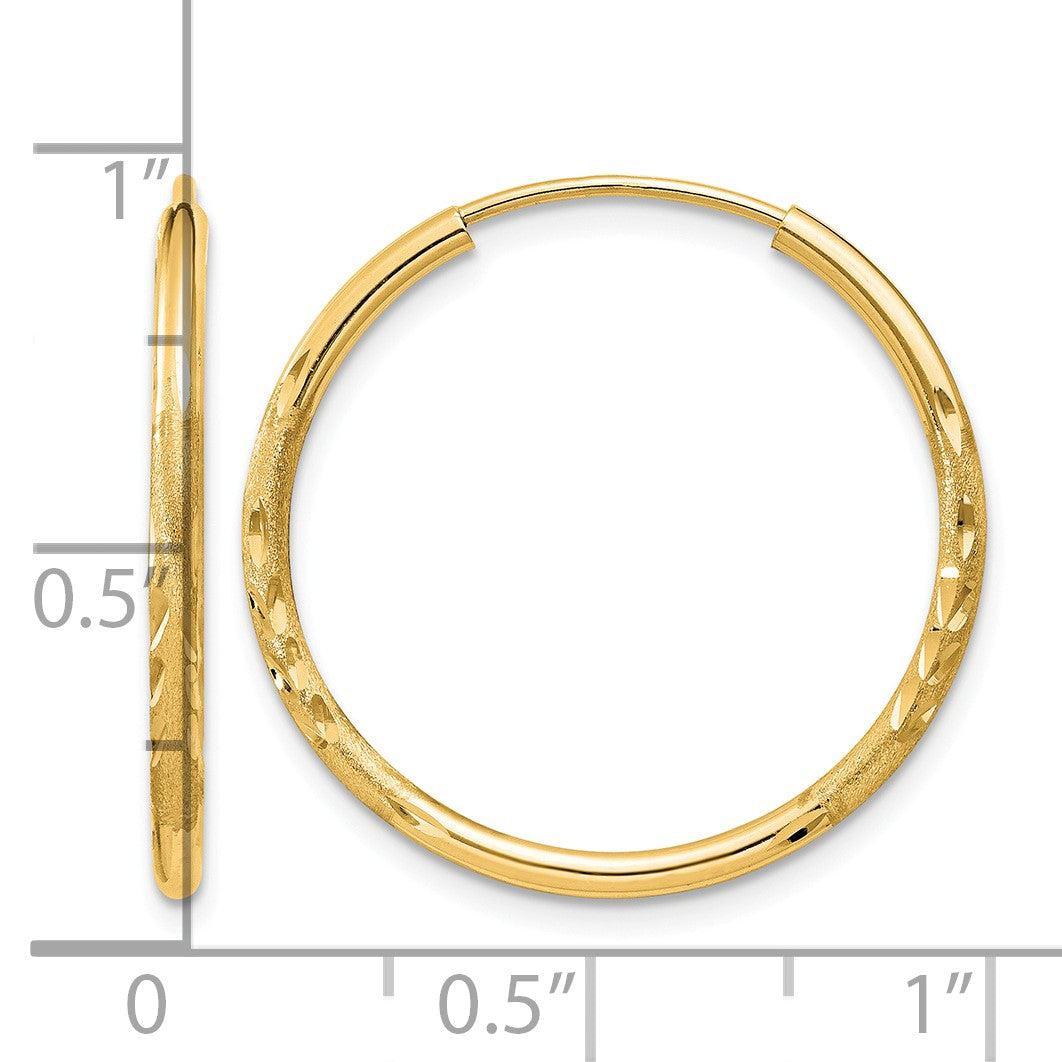 14k 1.5x20mm Satin Diamond-cut Endless Tube Hoop Earrings