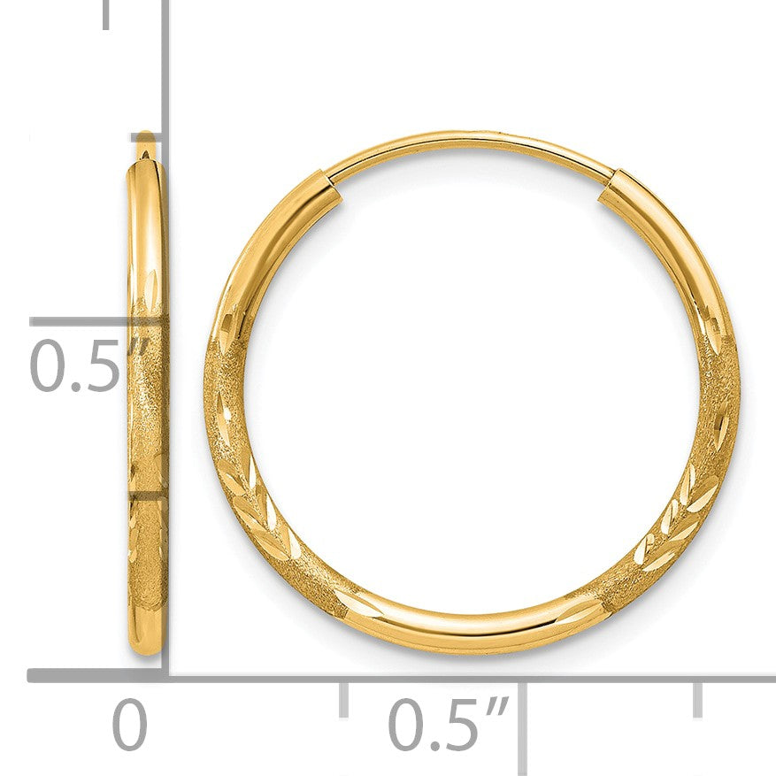 14k 1.5x17mm Satin Diamond-cut Endless Tube Hoop Earrings