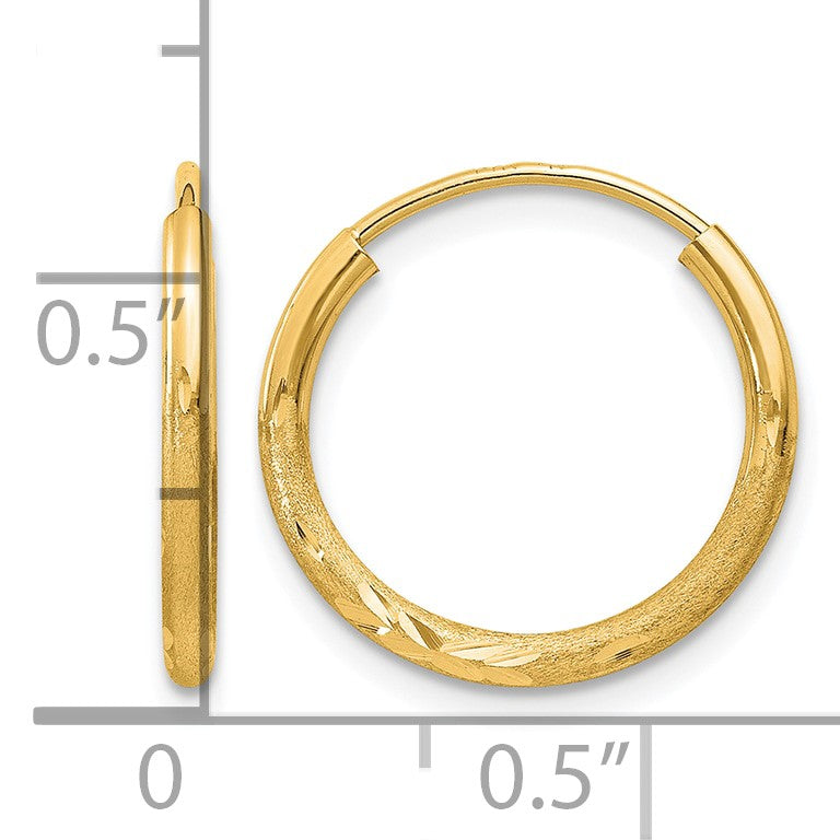 14k 1.5x14mm Satin Diamond-cut Endless Tube Hoop Earrings