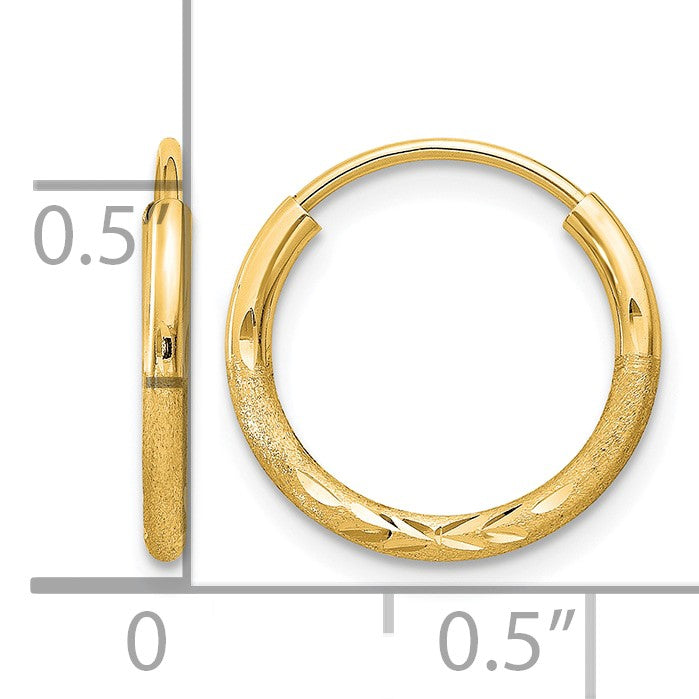 14k 1.5x12mm Satin Diamond-cut Endless Tube Hoop Earrings