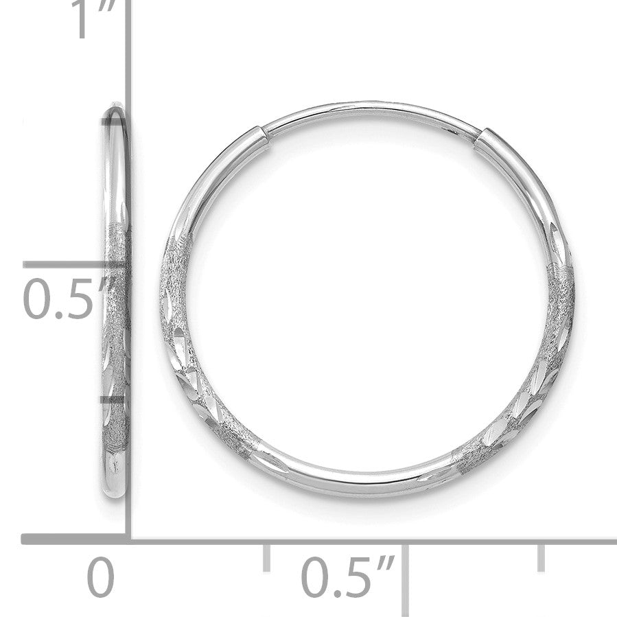 14K White Gold 1.2x17mm Satin Diamond-cut Endless Tube Hoop Earrings