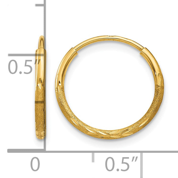 14k 1.2x12mm Satin Diamond-cut Endless Tube Hoop Earrings