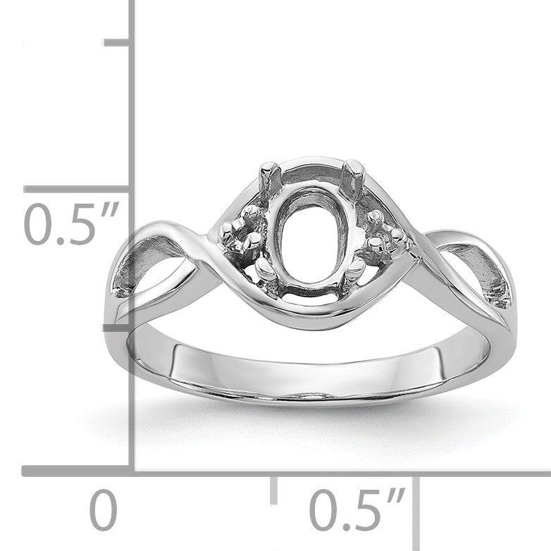 14k White Gold Polished Holds 2-1.4mm Diamond and 1-6x4 Oval Gemstone Ring Mounting