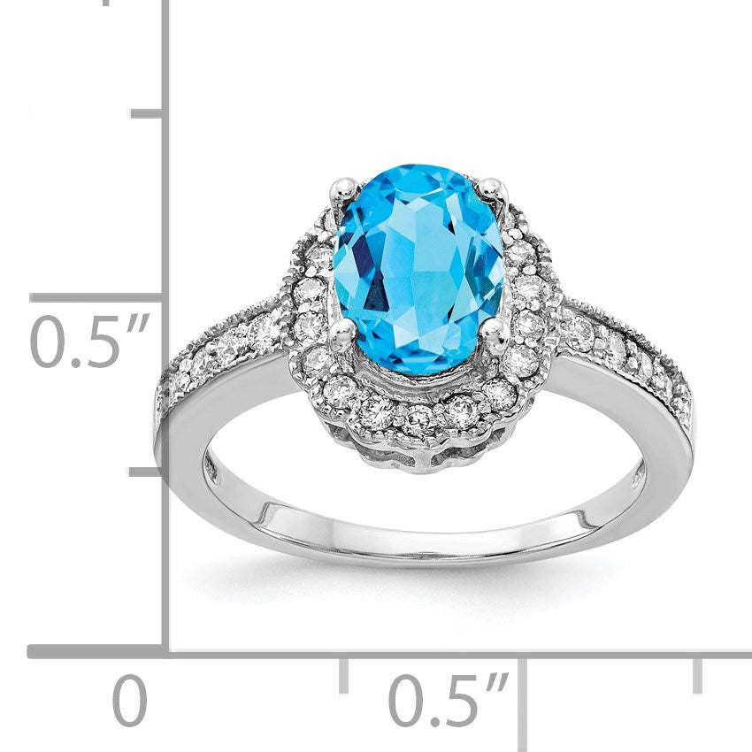 14k White Gold 8x6mm Oval Blue Topaz and 1/3 carat AA Diamond Halo Ring