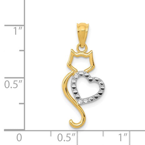 14k and White Rhodium Polished Cat with Heart Pendant