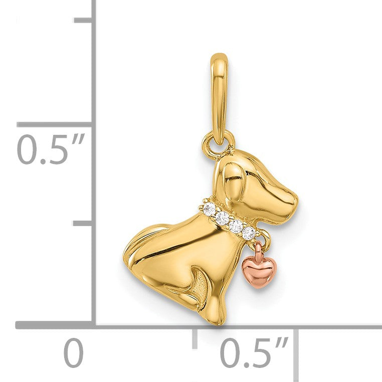 14k Two-tone Polished CZ Dog with Heart Dangle Pendant