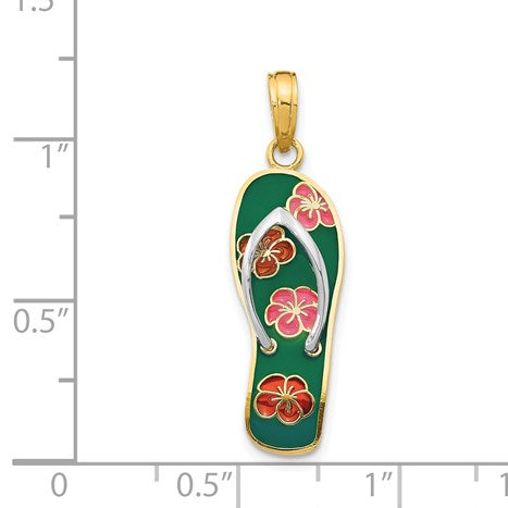 14K and White Rhodium 3-D Enameled Flowers On Green Flip Flop Pendant
