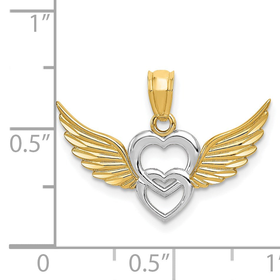 14K and White Rhodium Polished Hearts with Wings Pendant