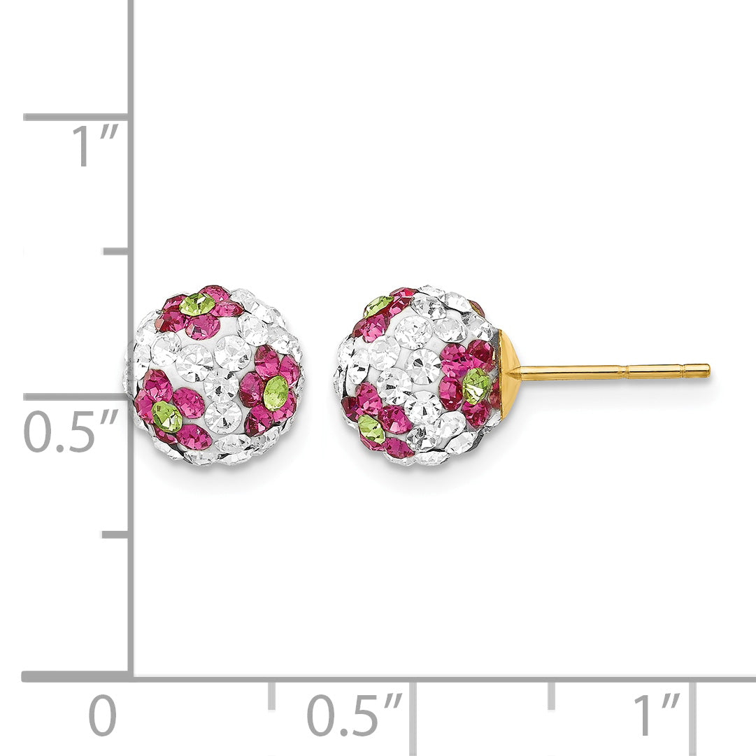 14k 8mm Pink/White/Green Crystal Flowers Round Ball Post Earrings