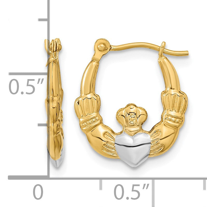 14k w/White Rhodium Polished Claddagh Hoops
