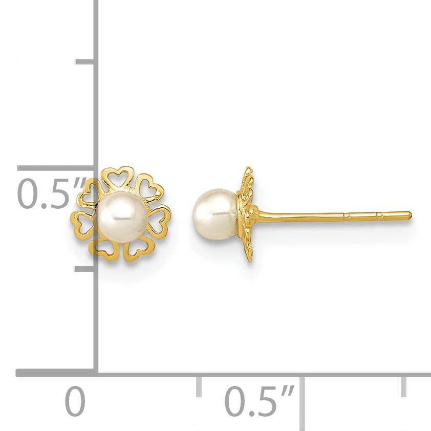 14K Polished Small Heart Petals with Freshwater Cultured Pearl Post Earrings