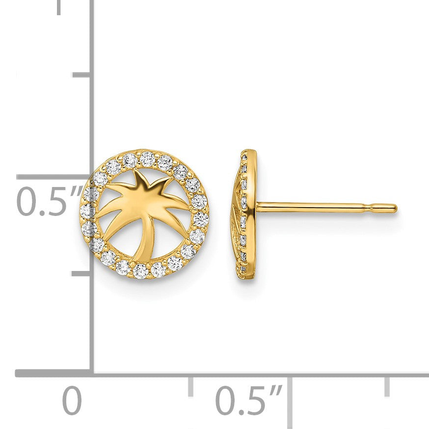 14k Polished CZ Palm Tree in Circle Post Earrings