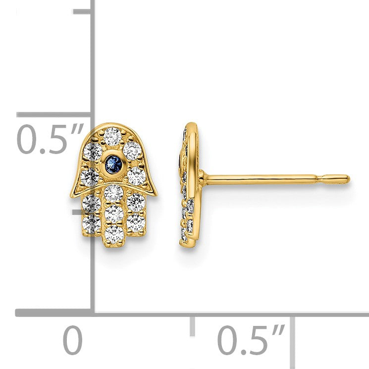 14k Small CZ and Blue Glass Stone Hamsa Post Earrings