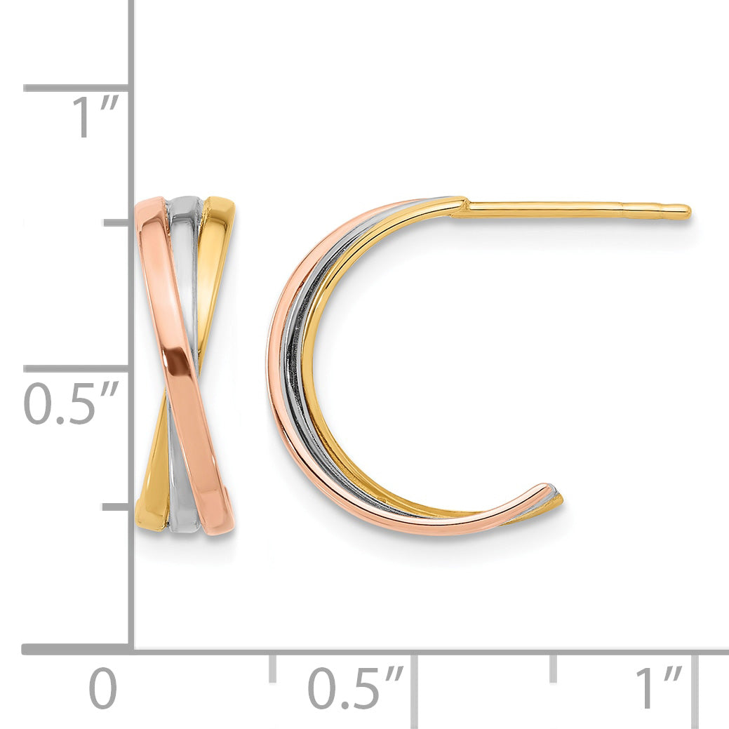 14K Twisted Tri-color Hoop Post Earrings