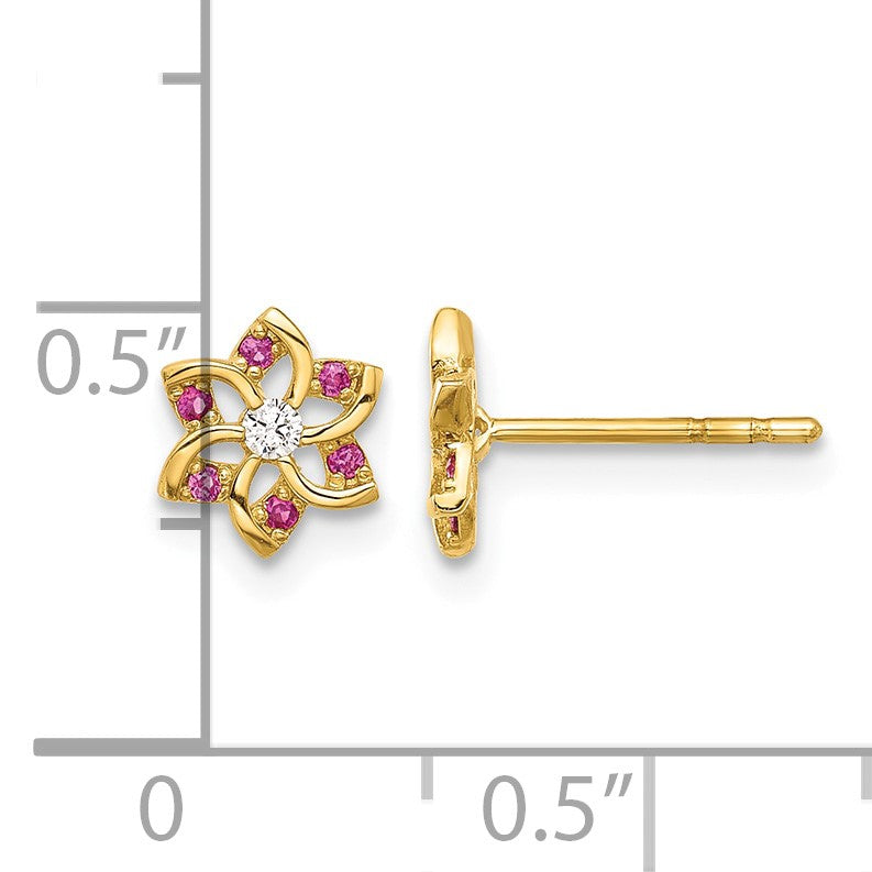 14K Polished Red and White CZ Flower Post Earrings