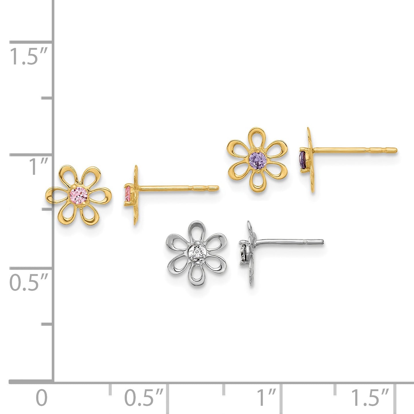 14K Yellow and White Gold Multi-color CZ Flower 3-pair Post Earring Set