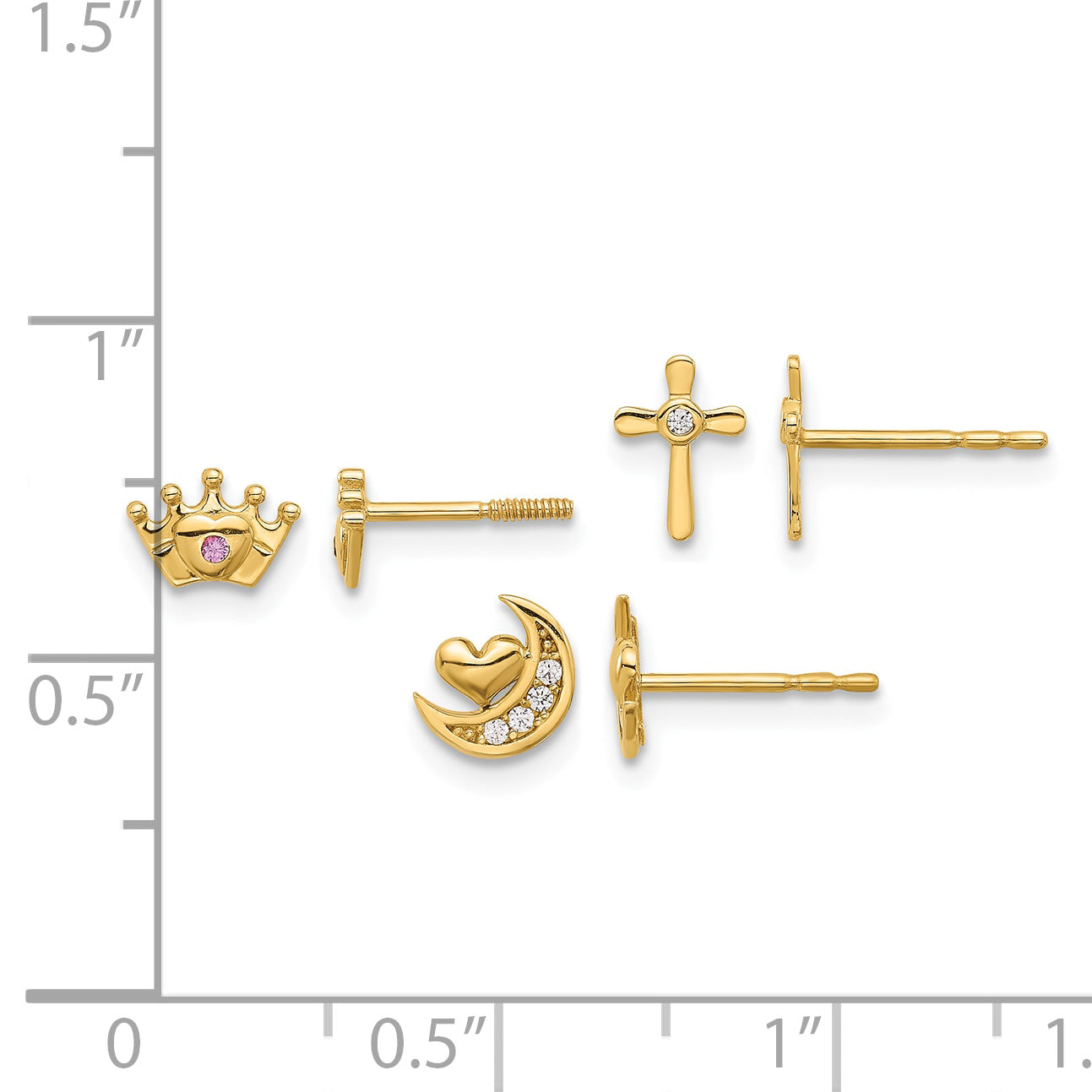 14K Polished Clear and Pink CZ Moon/Cross/Crown 3-Pair Post Earring Set