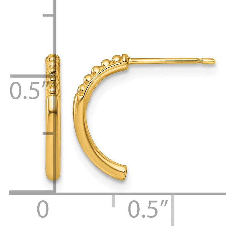 14k Polished and Beaded J-Hoop Post Earrings