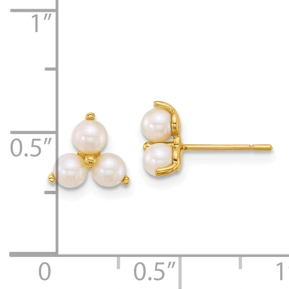 14k Polished Trio Freshwater Cultured Button Pearls Post Earrings