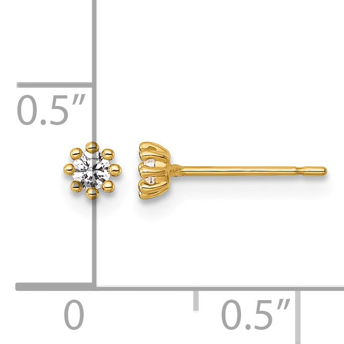 14k Polished and Beaded 3.5mm Round CZ Post Earrings