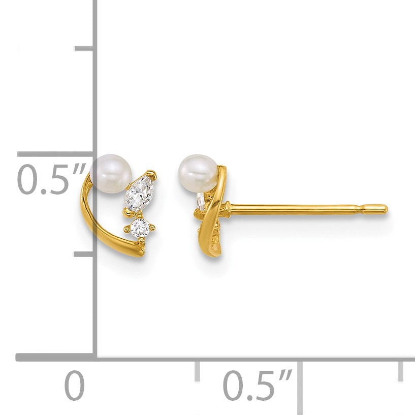 14k Polished CZ and White Freshwater Cultured Pearl Post Earrings