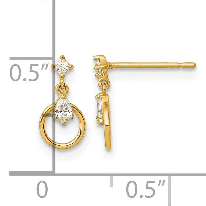 14k Polished Pear and Square CZ Circle 9mm Doorknocker Dangle Post Earrings