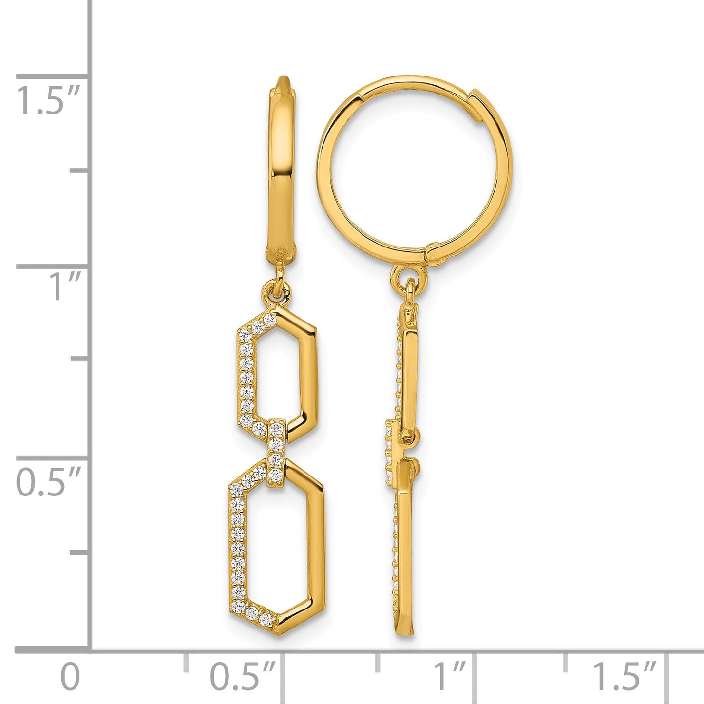 14k Polished CZ Hexagon Dangle Round Hinged Hoop Earrings