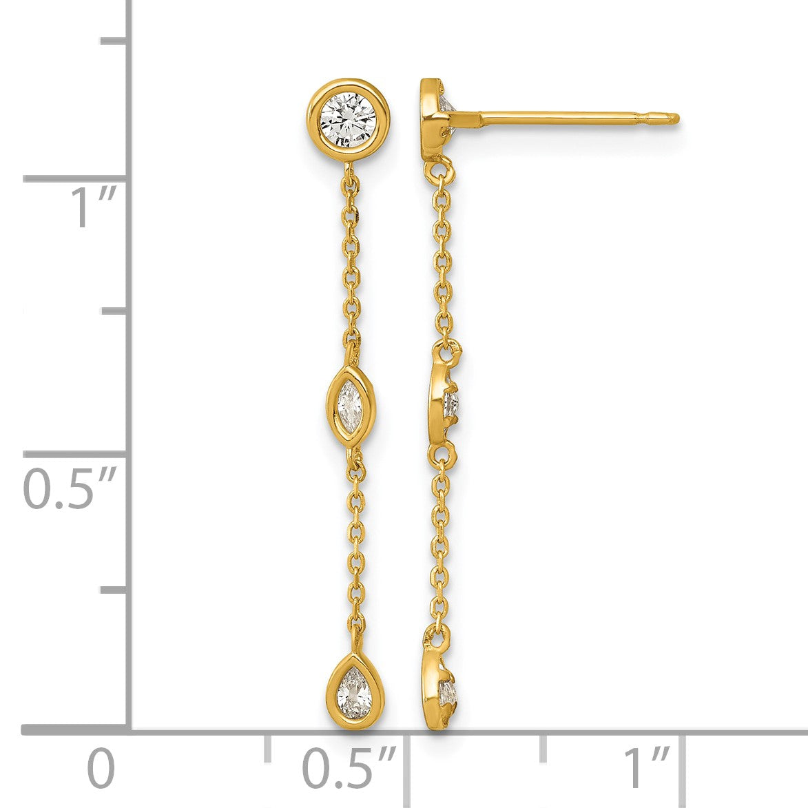 14k Polished Round/Marquise/Pear Bezel CZ and Chain Dangle Post Earrings