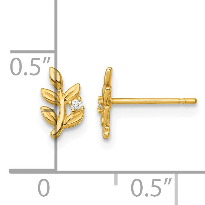 14k Polished Small CZ Leaf Post Earrings