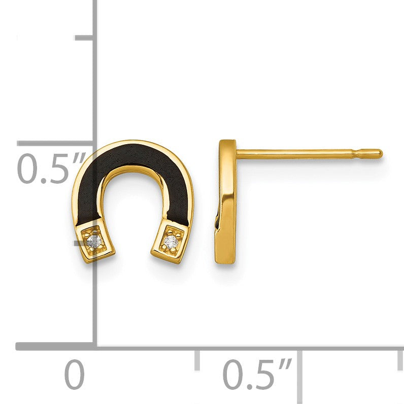 14k Polished Black Enamel and CZ Horseshoe Post Earrings