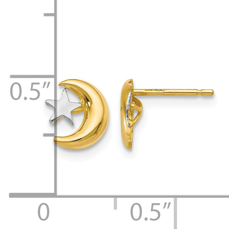 14k and White Rhodium Polished Moon and Star Post Earrings