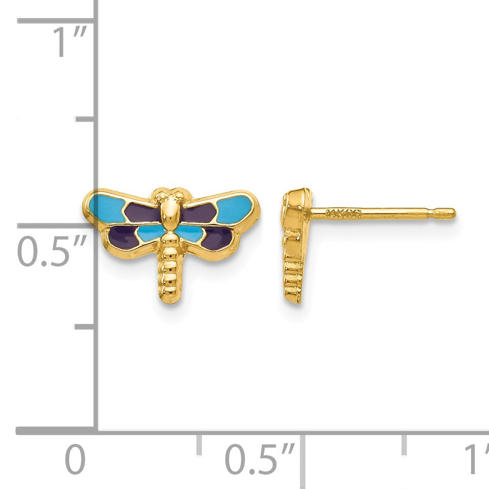 14k Blue Enameled Dragonfly Post Earrings