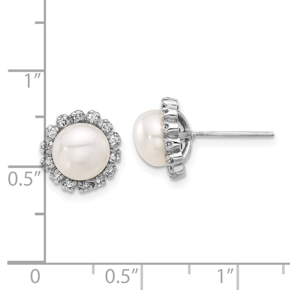 14k White Gold 8mm Button Freshwater Cultured Pearl & Diamond Stud Earrings
