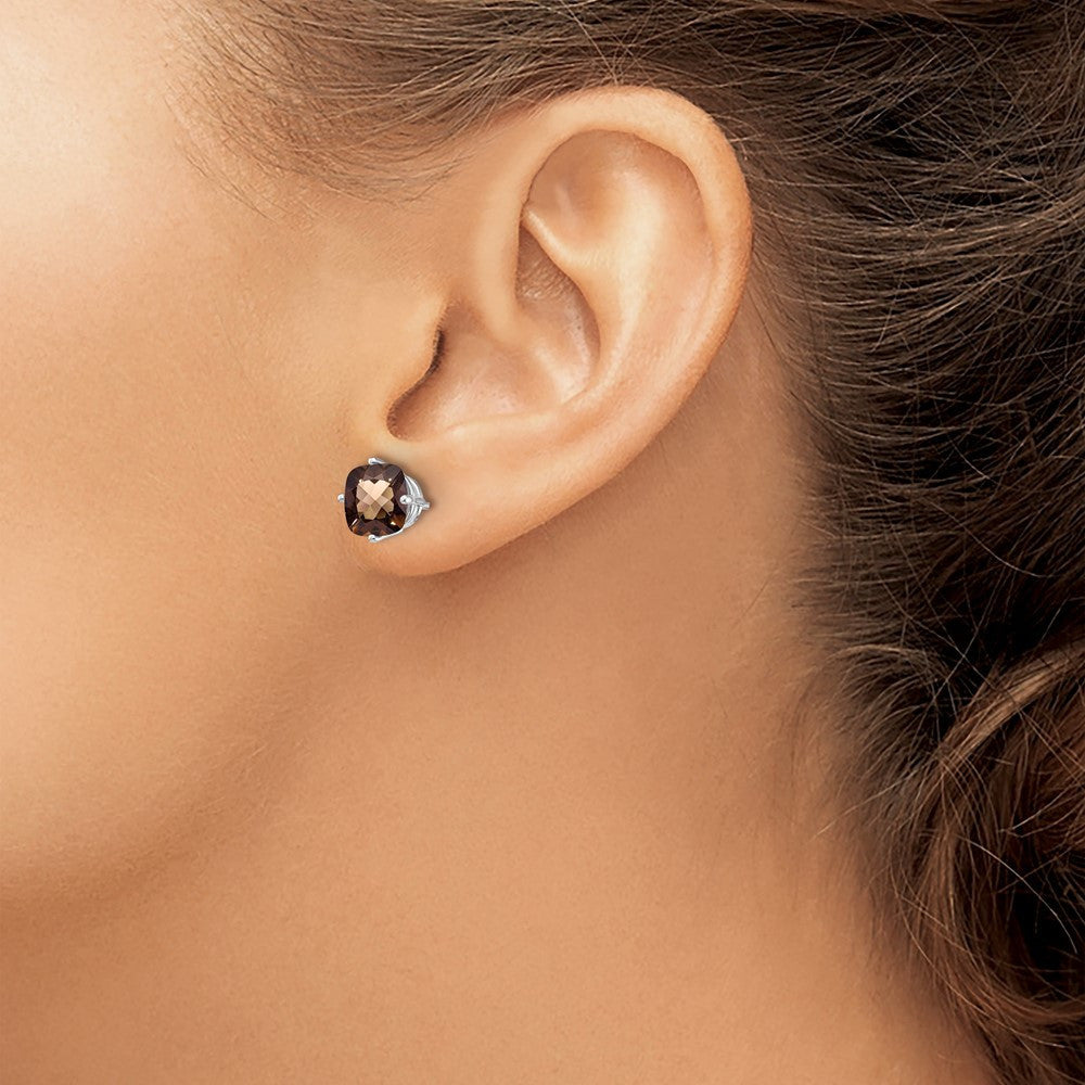 14K White 7mm Cushion Smoky Quartz Earring