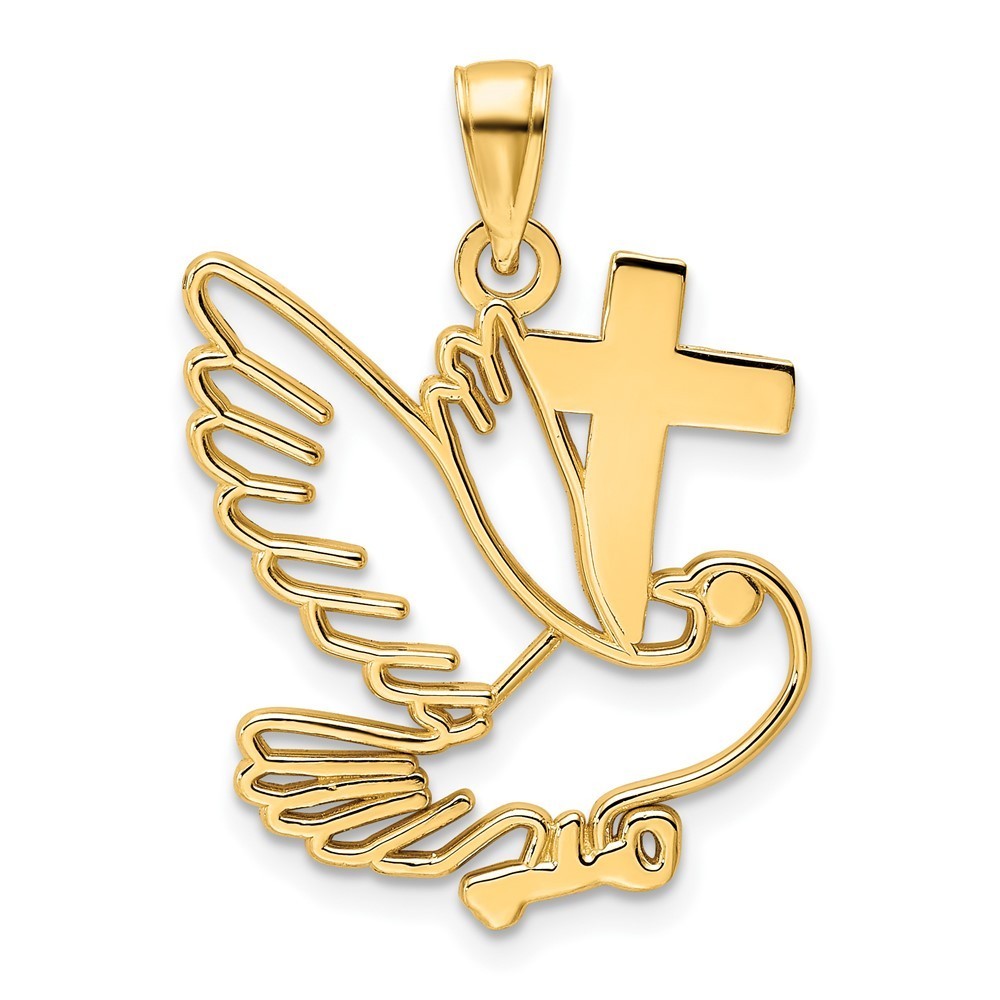 14k Yellow Gold Polished Dove and Cross Pendant