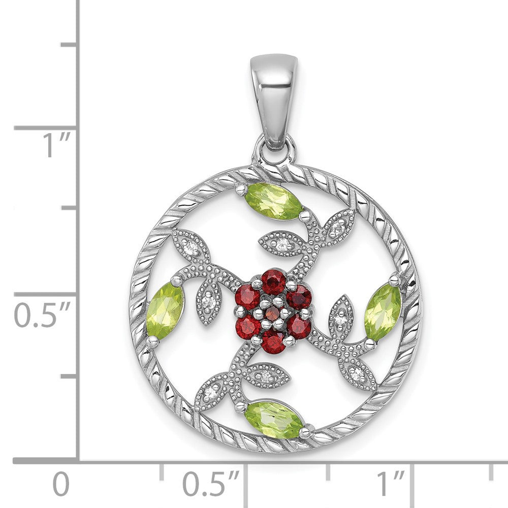 Sterling Silver Rhodium-plated Polished Gemstone Floral Twisted Circle Pendant