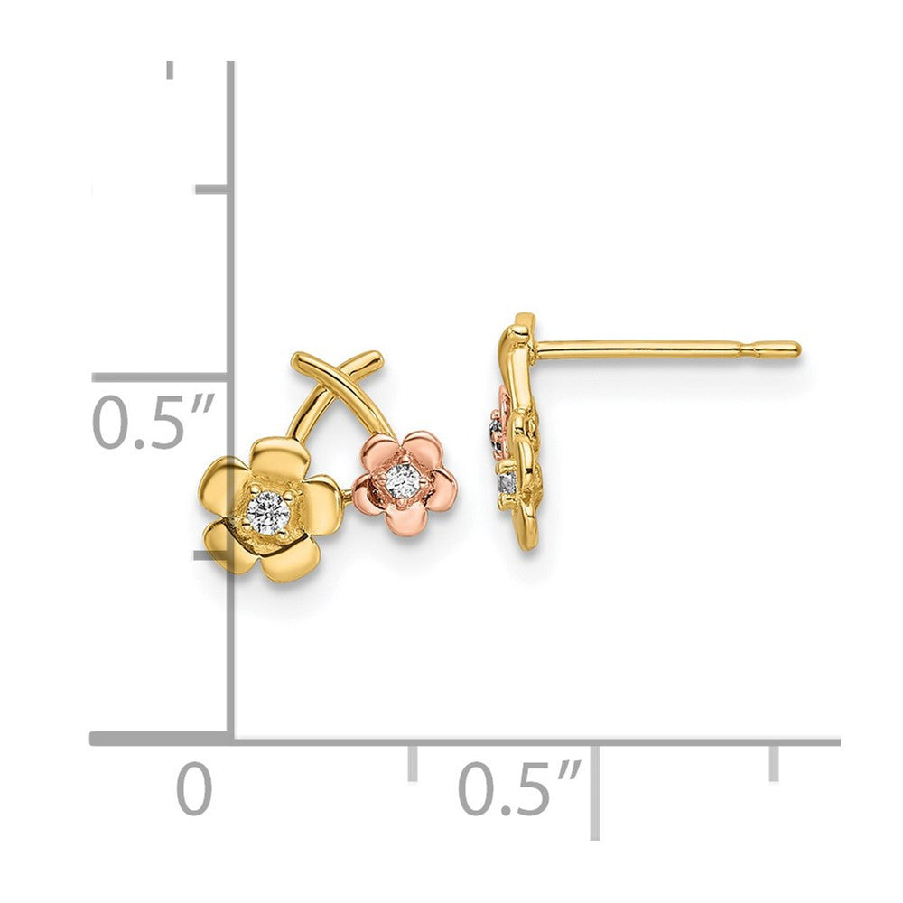 14k Two-tone Cubic Zirconia Flowers Stud Earrings