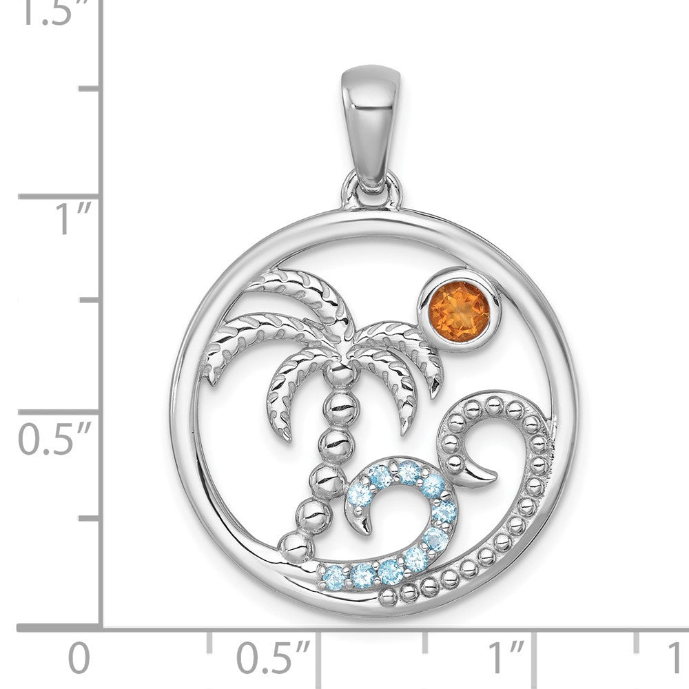 Sterling Silver Rhodium Beaded Citrine & Blue Topaz Beach Scene Circle Pendant