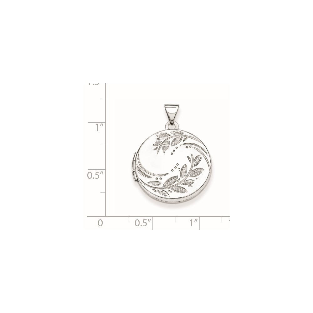 Sterling Silver Rhodium-plated 20mm Round Leaf Floral Locket Pendant