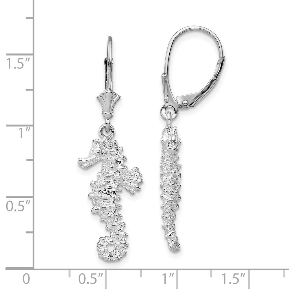 Sterling Silver Rhodium-Plated Polished 3D Seahorse Leverback Dangle Earrings