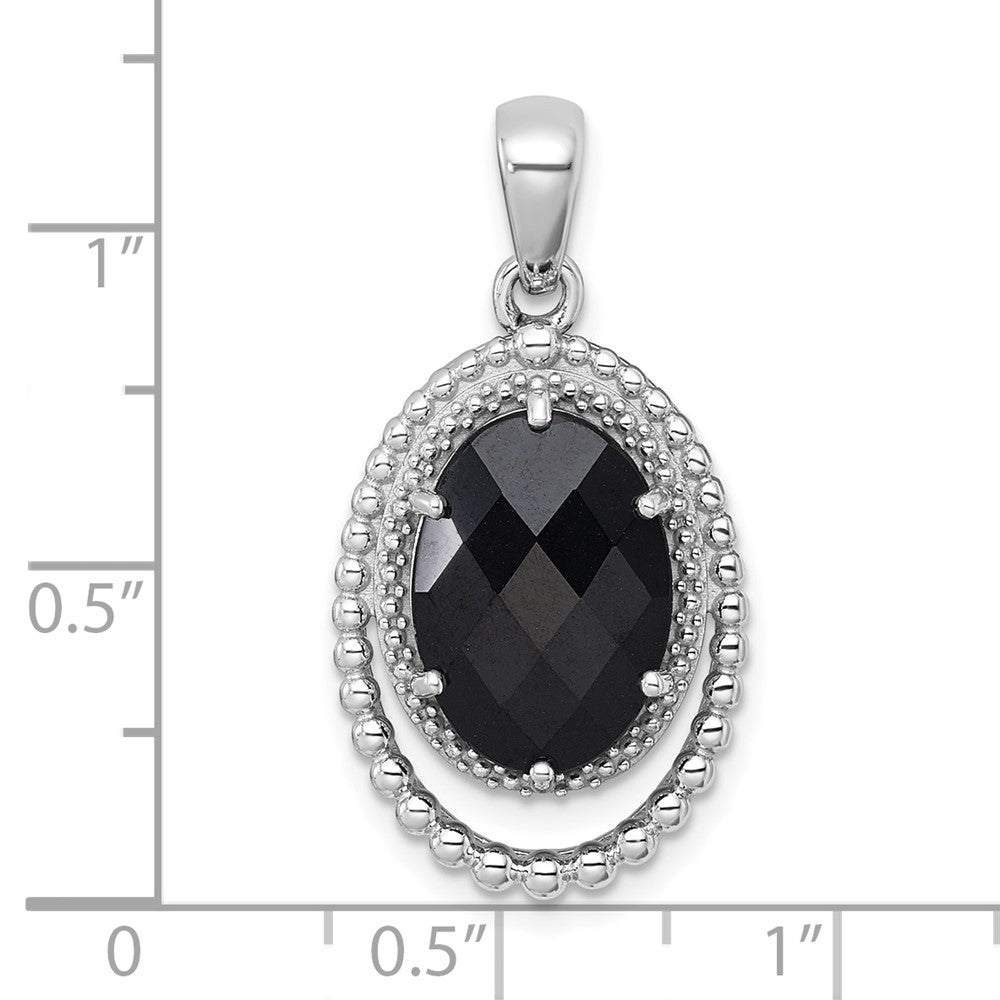 Sterling Silver Rhodium-plated Polished & Beaded Faceted Black Onyx Oval Pendant